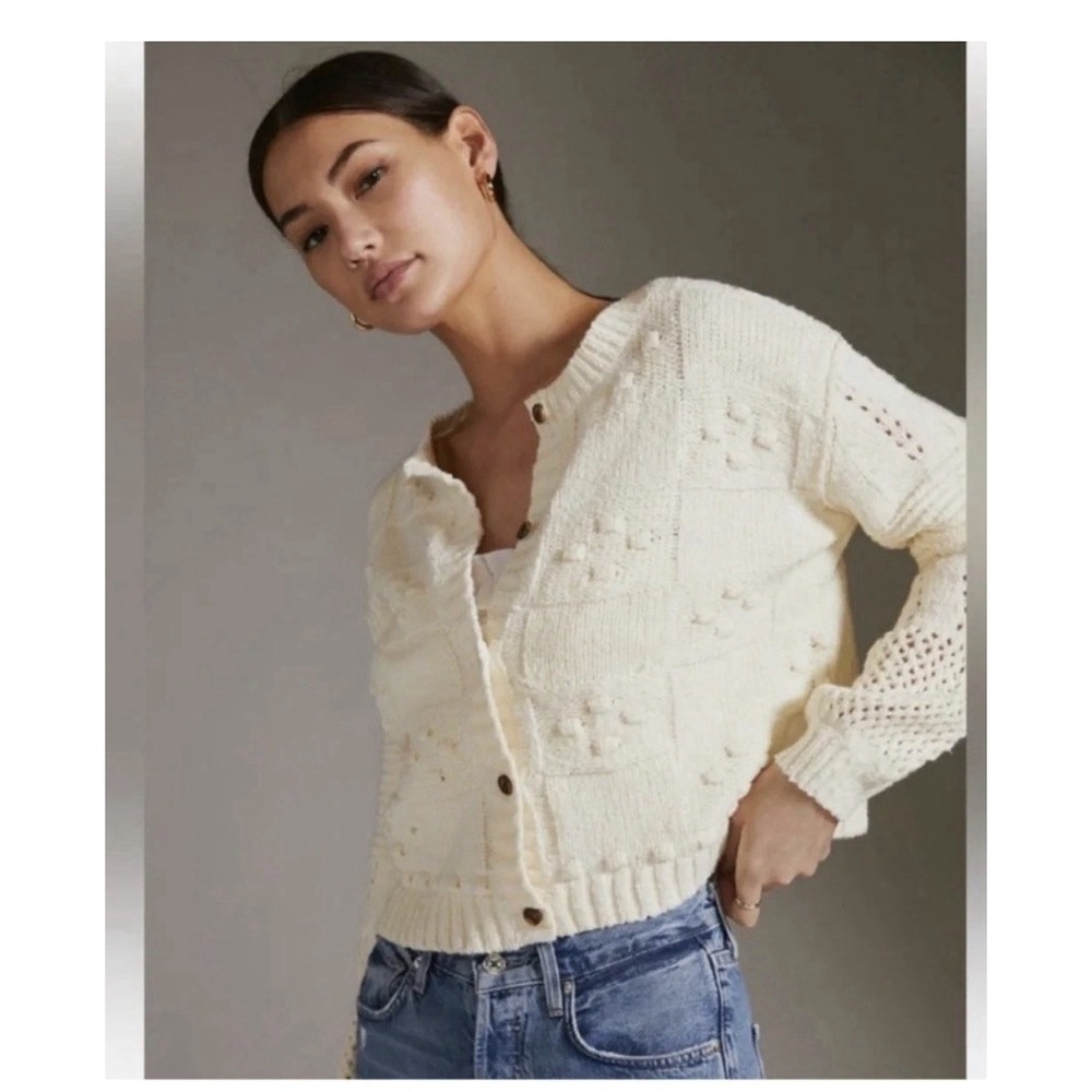 Anthropologie Pilcro Diana Knit Cardigan Women's Size Small Ivory Crop Peasant